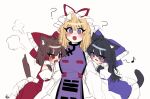  3girls ? absurdres alternate_color animal_ears black_hair blonde_hair blush bow brown_hair cat_ears cat_tail commentary_request detached_sleeves dress dual_persona frilled_bow frilled_hair_tubes frills hair_bow hair_tubes hakurei_reimu hat hat_ribbon highres hug korean_commentary long_hair long_sleeves mob_cap multiple_girls musical_note open_mouth purple_bow purple_eyes purple_skirt purple_tabard red_bow red_eyes red_ribbon ribbon ribbon-trimmed_sleeves ribbon_trim skirt tabard tail tohou89 touhou yakumo_yukari yuri 