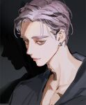  1boy black_shirt collarbone forehead from_side haitani_ran highres looking_at_viewer male_focus neck_tattoo pectoral_cleavage pectorals portrait purple_eyes purple_hair shirt smirk tattoo tokyo_revengers wawgwo 