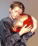  1boy armor black_sweater brown_background brown_hair closed_eyes closed_mouth english_commentary fingernails gradient_background grey_background hands_up helmet holding holding_helmet iron_man long_sleeves male_focus marvel marvel_cinematic_universe multicolored_armor peter_parker red_armor redcokk short_hair simple_background solo sweater yellow_armor 