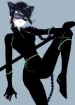  1girl animal_ears black_bodysuit black_hair black_mask bodysuit braid cat_ears cat_girl green_eyes grey_background highres lady_noir long_hair looking_at_viewer marinette_dupain-cheng mask miraculous_ladybug seio_(nao_miragggcc45) single_braid solo superhero_costume 