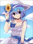  1girl adjusting_clothes adjusting_headwear alternate_costume bare_shoulders blue_bow blue_eyes blue_hair blue_sky blue_wrist_cuffs bluestar_iz blush_stickers border bow breasts claire_elford cleavage cloud collarbone dress flower frilled_wrist_cuffs frills hair_between_eyes hat hat_bow jaggy_lines large_breasts looking_at_viewer parted_lips ribbon short_hair sky smile solo sun_hat sunflower white_border white_dress white_hat white_ribbon witch&#039;s_heart wrist_cuffs 