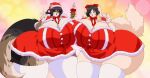 anthro big_breasts breast_squish breasts breasts_frottage canid canine christmas christmas_clothing clothing curvy_figure dress duo female fenrir_brown fox hi_res holidays huge_breasts huge_thighs hyper hyper_breasts hyper_hips hyper_thighs leaning leaning_forward mammal red_clothing red_dress squish standing thick_thighs voluptuous wide_hips