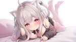  1girl ahoge animal_ear_fluff animal_ears black_bra black_shirt blush bra breast_press breasts cat_ears cat_tail cleavage closed_mouth commentary_request grey_hair hair_between_eyes hand_in_own_hair highres indie_virtual_youtuber legs_up long_hair lying male_focus medium_breasts official_art on_stomach red_eyes shirt sidelocks simple_background solo tail tail_scrunchie the_pose thighhighs toyosaki_shu uise_iu underwear virtual_youtuber white_background white_thighhighs 