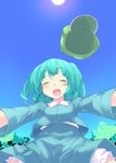  aqua_hair batsu closed_eyes hat hat_removed headwear_removed kawashiro_nitori outstretched_arms smile solo touhou two_side_up 
