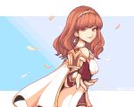  1girl black_gloves blunt_bangs breasts brown_eyes brown_hair cape celica_(fire_emblem) dress earrings fingerless_gloves fire_emblem fire_emblem_echoes:_shadows_of_valentia galetitta gloves gold_hairband hairband jewelry looking_at_viewer medium_hair off_shoulder pixel_art smile solo white_cape white_dress 