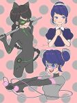  3girls animal_ears black_bodysuit black_hair black_mask blue_eyes blue_hair blue_shirt bodysuit braid cat_ears cat_girl double_bun green_eyes grey_bodysuit grey_mask hair_bun highres lady_noir long_hair maedatomoko maid maid_headdress marinette_dupain-cheng mask miraculous_ladybug multimouse_(character) multiple_girls open_mouth shirt simple_background single_braid slit_pupils smile superhero_costume upper_body 