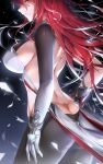  1girl absurdres ass bare_back been black_pantyhose breasts butt_crack cowboy_shot detached_sleeves elesis_(elsword) elsword gloves heart highres large_breasts long_hair pantyhose red_eyes red_hair revealing_clothes single_sleeve white_gloves 