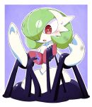  absurdres blush bob_cut colored_skin dirty dirty_face dirty_hands envi55109095 gardevoir green_hair hair_over_one_eye highres mega_gardevoir multicolored_skin open_mouth pink_eyes pokemon pokemon_(creature) purple_background restrained simple_background tentacles two-tone_skin white_skin 