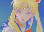  1girl bishoujo_senshi_sailor_moon blonde_hair blue_background blue_eyes blue_sailor_collar bow bowtie breasts choker circlet cleavage collarbone collared_shirt commentary crescent crescent_earrings dangle_earrings derivative_work double_bun earrings eyelashes hair_bun hair_ornament heart heart_choker jewelry light_blush lips long_hair looking_ahead meme oxi206 parted_bangs parted_lips red_bow red_bowtie red_choker red_lips sailor_collar sailor_moon sailor_moon_redraw_challenge_(meme) sailor_senshi_uniform sailor_shirt screencap_redraw shirt short_sleeves solo teeth thick_eyebrows tile_floor tiles twintails upper_body white_shirt white_sleeves yellow_pupils 