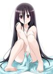  barefoot black_hair blanket blush breasts ekra feet hair_between_eyes komori_kiri long_hair medium_breasts naked_sheet nude red_eyes sayonara_zetsubou_sensei sitting smile soles solo toes 