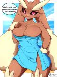 anthro beach breasts brown_body brown_fur cleavage clothed clothing dialogue female front_view fur generation_4_pokemon hi_res lagomorph leporid long_ears looking_at_viewer lopunny mammal nintendo pinup pokemon pokemon_(species) pose rabbit red_eyes sand smile solo speech_bubble towel towel_only yumiiefox
