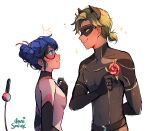  1girl absurdres adrien_agreste animal_ears black_bodysuit blue_eyes blue_hair bodysuit cat_boy cat_ears chat_walker danismilek double_bun flower green_eyes green_hair grey_bodysuit grey_mask hair_bun highres looking_at_another marinette_dupain-cheng mask miraculous_ladybug multimouse_(character) pink_flower pink_rose rose simple_background smile superhero_costume upper_body white_background 