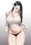  1girl black_hair black_panties blue_eyes blueorca breasts bright_pupils closed_mouth commentary cowboy_shot cropped_sweater elf gradient_background highres large_breasts long_hair long_sleeves mole mole_under_mouth navel no_pants original panties pointy_ears simple_background sleeves_past_wrists solo strap_pull sweater underwear white_pupils white_sweater 