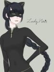  1girl animal_ears black_bodysuit black_hair black_mask bodysuit braid cat_ears cat_girl closed_mouth green_eyes grey_background highres lady_noir long_hair looking_at_viewer marinette_dupain-cheng mask miraculous_ladybug simple_background single_braid slit_pupils smile superhero_costume tutuzi_ladybug 