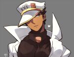  1boy androgyne_symbol black_shirt blue_eyes coat collarbone earrings grey_background hand_on_own_chest hat_over_one_eye heart high_collar jewelry jojo_no_kimyou_na_bouken kotorai kujo_jotaro looking_to_the_side male_focus parted_lips shirt signature solo white_coat white_hat 
