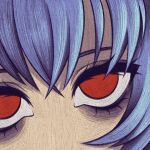  1girl ayanami_rei blue_hair close-up commentary cryptidhermit english_commentary eye_focus eyelashes faux_traditional_media highres neon_genesis_evangelion no_nose red_eyes short_hair solo 