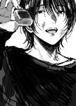  1boy black_hair black_shirt bruise bruise_on_face close-up dm_owr greyscale highres holding injury looking_at_viewer male_focus monochrome original shirt smile 