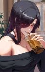  1girl absurdres black_hair breasts bubble_tea cleavage collarbone commission cup drinking_straw eyes_visible_through_hair hair_over_one_eye highres holding holding_cup long_hair off-shoulder_sweater off_shoulder original plant rasipan red_eyes solo sweater upper_body 