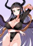  1girl arm_under_breasts asanagi black_hair black_leotard black_wings breasts cleavage collarbone commentary_request covered_navel granblue_fantasy green_eyes highleg highleg_leotard highres horns large_breasts leotard long_hair magus_(granblue_fantasy) solo wings 