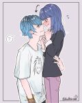  1boy 1girl black_jacket blazer blue_eyes blue_hair blush bracelet closed_mouth earrings grey_background helloimsea highres jacket jewelry long_hair looking_at_another luka_couffaine marinette_dupain-cheng miraculous_ladybug pants pink_pants shirt short_hair simple_background smile white_shirt 