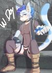 anthro bottomwear bulge clothed clothing collar_ring ear_piercing ear_ring felid fur hair hi_res jewelry male mammal mesh_shirt necklace nipples pants piercing ring_piercing solo tail white_day youzin