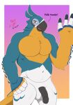 anthro avian balls beak big_balls big_penis bird black_beak black_penis blue_body blue_feathers breath_of_the_wild dialogue elbow_feathers feathered_wings feathers genitals gesture hi_res kass_(tloz) looking_at_viewer male multicolored_body musclegut muscular muscular_male mythological_avian mythological_creature mythology neon_lion nintendo nude orange_body orange_eyes orange_feathers outline pecs penis raised_arm shaded simple_background simple_shading solo tail tail_feathers tasteful_nudity the_legend_of_zelda thick_thighs waving white_body white_feathers white_outline wings