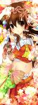  ascot ayase_miko bloomers brown_eyes brown_hair flower hair_ribbon hakurei_reimu midriff navel ribbon sarashi skirt solo touhou underwear 