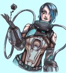 1girl apex_legends black_gloves black_hair blue_background blue_eyes blue_hair blue_lips breasts cable catalyst_(apex_legends) clothing_cutout crescent eyebrow_piercing gloves looking_to_the_side medium_breasts mikepo multicolored_hair parted_lips piercing shoulder_cutout smile solo streaked_hair upper_body 