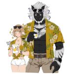  1boy 1girl ? abs absurdres au_ra belt bikini black_fur black_nails blush bracelet brown_eyes brown_pants closed_mouth cropped_legs cup dragon_horns final_fantasy final_fantasy_xiv grey_eyes hawaiian_shirt heterochromia highres holding holding_cup horns hrothgar jewelry juice lemonade looking_ahead looking_at_object mane naki_nyaki necklace pants shirt short_shorts shorts simple_background sparkle swimsuit toned toned_male two-tone_fur warrior_of_light_(ff14) watch white_background white_fur white_shorts wristwatch yellow_bikini 