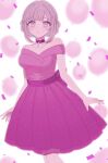  1girl balloon breasts chi_gu choker confetti danganronpa_(series) danganronpa_10th_anniversary_costume danganronpa_2:_goodbye_despair dress galaga hair_ornament highres large_breasts looking_at_viewer nanami_chiaki official_alternate_costume pink_choker pink_dress short_hair solo teeth 