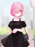  1girl alternate_costume bag black_dress blurry blurry_background blush cherry_print closed_mouth collarbone dress fate/grand_order fate_(series) food_print frown hair_over_one_eye handbag harukappa highres mash_kyrielight medium_hair off-shoulder_dress off_shoulder pink_eyes pink_hair print_dress solo standing straight_hair 