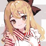  1girl ahiru_tokotoko blonde_hair blush bow brown_bow closed_mouth commentary grey_background hair_bow highres looking_at_viewer medium_hair original pixel_art smile solo symbol-only_commentary upper_body yellow_eyes 