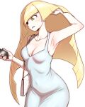  1girl alternate_costume arm_up armpits blonde_hair blunt_bangs blunt_ends blush breasts cellphone collarbone commentary covered_navel dress grey_dress hand_in_own_hair highres holding holding_phone long_hair lusamine_(pokemon) mature_female medium_breasts nutkingcall phone pokemon simple_background sleeveless sleeveless_dress solo very_long_hair white_background 