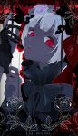  1girl absurdres blood blood_from_mouth blood_on_face bow colored_skin english_text flower goma_irasuto grey_skin highres hime_cut looking_at_viewer now original red_bow red_eyes rose rozen_maiden solo straight_hair white_hair 