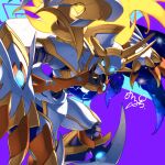  armor blonde_hair blue_eyes cape digimon energy energy_blade glowing glowing_eyes gracenovamon highres leg_blade long_hair maplo mecha print_cape purple_background robot signature simple_background space_print starry_sky_print white_cape 