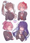  4girls blazer bow brown_hair brown_jacket closed_mouth doki_doki_literature_club green_eyes hair_bow hair_ornament hairclip highres jacket long_hair m1stm1 monika_(doki_doki_literature_club) multiple_girls natsuki_(doki_doki_literature_club) pink_hair ponytail purple_hair red_ribbon ribbon sayori_(doki_doki_literature_club) school_uniform short_hair white_bow yuri_(doki_doki_literature_club) 