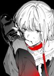  1boy animal_collar bishounen biting bruise bruise_on_face collar crossdressing dm_owr highres injury looking_at_viewer male_focus monochrome original pov pov_legs shoes 