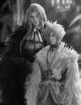  almondtofu_boy ascot black_fur blurry blurry_background choker claws cloud_strife commentary corset cosplay crossdressing dress english_commentary final_fantasy final_fantasy_vii flower fur_trim glaring greyscale hair_over_one_eye hand_on_another&#039;s_shoulder highres jewelry lace_trim light_smile long_bangs long_hair looking_at_viewer monochrome odette_(swan_lake) odette_(swan_lake)_(cosplay) odile_(swan_lake) odile_(swan_lake)_(cosplay) pendant rose sephiroth serious short_hair slit_pupils spiked_hair standing swan_lake upper_body white_fur 