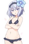  1girl bikini black_bikini blue_flower breasts cowboy_shot crossdressing floahi flower frilled_bikini frills grey_eyes hair_flower hair_ornament hairband highres kogarasumaru_(tenka_hyakken) lowleg lowleg_bikini pointy_ears purple_hair short_hair simple_background small_breasts solo swimsuit tenka_hyakken white_background 