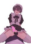  1boy absurdres apron arm_behind_back boy_on_top clothes_lift crossdressing erection garter_straps heart heart-shaped_pupils highres maid maid_apron male_focus male_maid open_mouth original otoko_no_ko penis penis_peek precum purple_hair saliva saliva_trail skirt skirt_lift spread_legs summer-888 symbol-shaped_pupils yaoi 