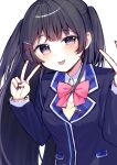  1girl :p black_eyes black_hair black_nails blazer blue_jacket blush bow bowtie closed_mouth collared_shirt dot_nose double_v half-closed_eye hands_up jacket long_hair long_sleeves looking_at_viewer nail_polish nijisanji pink_bow pink_bowtie rise_(riyyy202212) school_uniform shirt sidelocks simple_background smile solo sweater tongue tongue_out tsukino_mito two_side_up upper_body v v-neck virtual_youtuber white_background white_shirt yellow_sweater 