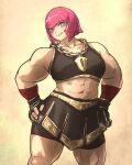  1girl abs bob_cut breasts fingerless_gloves gloves grey_eyes hand_on_own_hip highres ironlily large_breasts looking_at_viewer marisa_(street_fighter) muscular muscular_female pink_hair shorts shorts_under_skirt simple_background smile solo street_fighter street_fighter_6 tank_top thick_thighs thighs 