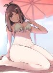  1girl ;p atelier_(series) atelier_ryza atelier_ryza_1 beach beach_umbrella bikini black_hairband bow_hairband breasts brown_eyes brown_hair commentary_request front-tie_bikini_top front-tie_top hair_ornament hairband hairclip hand_up highres kneeling large_breasts looking_at_viewer navel nyoijizai one_eye_closed outdoors reisalin_stout short_hair sidelocks solo swimsuit tongue tongue_out umbrella w white_bikini 