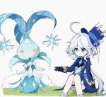  1girl ahoge arm_support ascot blue_ascot blue_bow blue_eyes blue_gemstone blue_gloves blue_hair blue_hat blue_jacket blush bow brooch commentary_request crying crying_with_eyes_open eyelashes furina_(genshin_impact) gem genshin_impact gloves gradient_hair grass hair_between_eyes hair_intakes hand_up hat hat_bow heterochromia highres jacket jewelry knees_up lapels long_hair long_sleeves multicolored_hair nirako_mona on_grass open_clothes open_jacket open_mouth parted_bangs scared shirt short_shorts shorts sidelocks simple_background sitting sleeve_cuffs socks streaked_hair swept_bangs tears thigh_strap tilted_headwear top_hat trembling very_long_hair white_background white_hair white_shirt white_shorts white_socks whopperflower_(genshin_impact) 