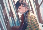  2boys black_hair blue_eyes closed_mouth haori highres holding jacket japanese_clothes kimetsu_no_yaiba kimono long_hair long_sleeves male_focus multicolored_hair multiple_boys sabito_(kimetsu) shirukokko short_hair snow snowing tomioka_giyuu tree 