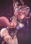  1girl animal_ear_fluff animal_ears bare_shoulders black_panties breasts cleavage detached_sleeves elbow_gloves fingerless_gloves fox_ears fox_girl fox_tail gloves orange_eyes original panties panty_pull pelvic_curtain pink_hair restrained revealing_clothes sawaya_(mizukazu) scarf side-tie_panties sideboob tail tears tentacles thighhighs underwear white_gloves wide_sleeves zipper_pull_tab 