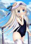  1girl alternate_costume artist_name blue_eyes blush breasts commentary covered_navel covering_own_mouth fence hat highres kudpoid_(71139) light_brown_hair little_busters! looking_at_viewer noumi_kudryavka school_swimsuit sky small_breasts solo swimsuit thighhighs 