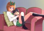  1girl :&lt; absurdres black_hair black_socks blue_eyes blush character_doll closed_mouth collared_shirt commentary convenient_leg couch foot_out_of_frame four-leaf_clover_day go-toubun_no_hanayome green_ribbon green_skirt hair_between_eyes hair_ribbon highres holding holding_stuffed_toy indoors kneehighs knees_up leaning_back long_sleeves looking_at_viewer medium_hair miniskirt nakano_yotsuba no_shoes on_couch orange_hair pleated_skirt ribbon school_uniform shirt short_hair sitting skirt smile socks solo straight_hair stuffed_toy uesugi_fuutarou white_shirt yasuba_yuichi yellow_eyes 