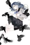  1girl animal bandaged_arm bandaged_head bandaged_neck bandages bird black_footwear black_sailor_collar black_skirt black_socks blue_hair crow hair_between_eyes juusan_kihei_bouei_ken kneehighs long_hair long_sleeves looking_at_viewer neckerchief opood parted_lips pleated_skirt sailor_collar school_uniform serafuku shinonome_ryouko_(juusan_kihei_bouei_ken) shirt shoes simple_background skirt socks solo white_background white_shirt 