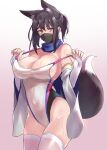  1girl animal_ear_fluff animal_ears bare_shoulders black_hair blue_scarf breasts cleavage detached_sleeves fingerless_gloves fox_ears fox_girl fox_tail gloves mask mole mole_under_eye mouth_mask ninja_mask original sawaya_(mizukazu) scarf simple_background swimsuit tail thighhighs white_gloves white_thighhighs wide_sleeves 